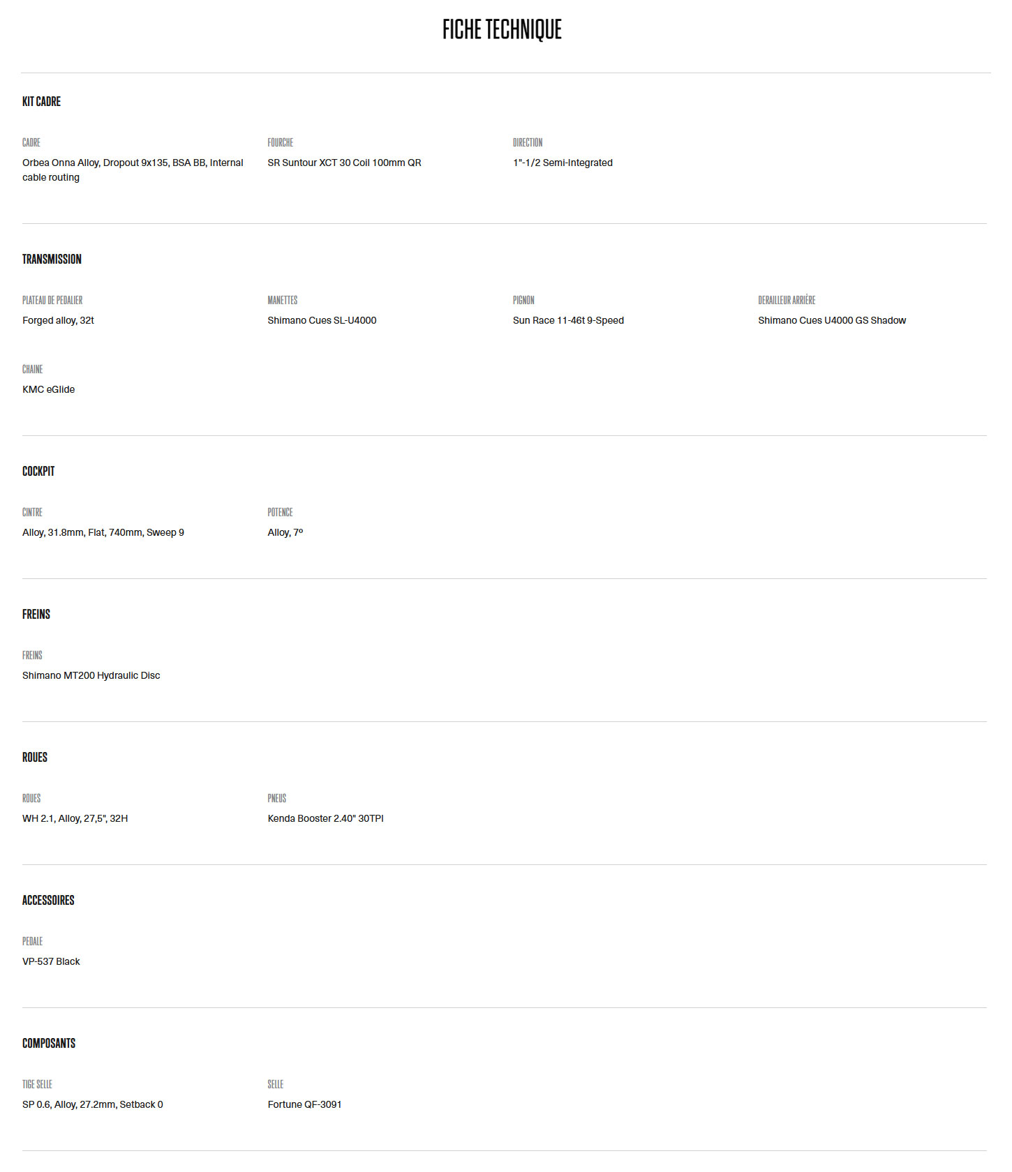 Caracteristique technique du Onna 40 année 2025